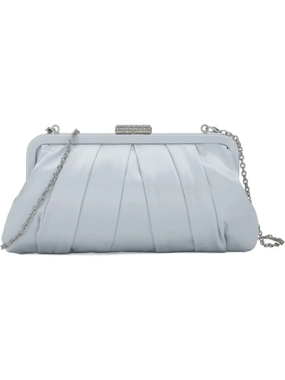 Women's Silver Classic Pleated Satin Clutch Purse Diamante Formal Evening Bag
